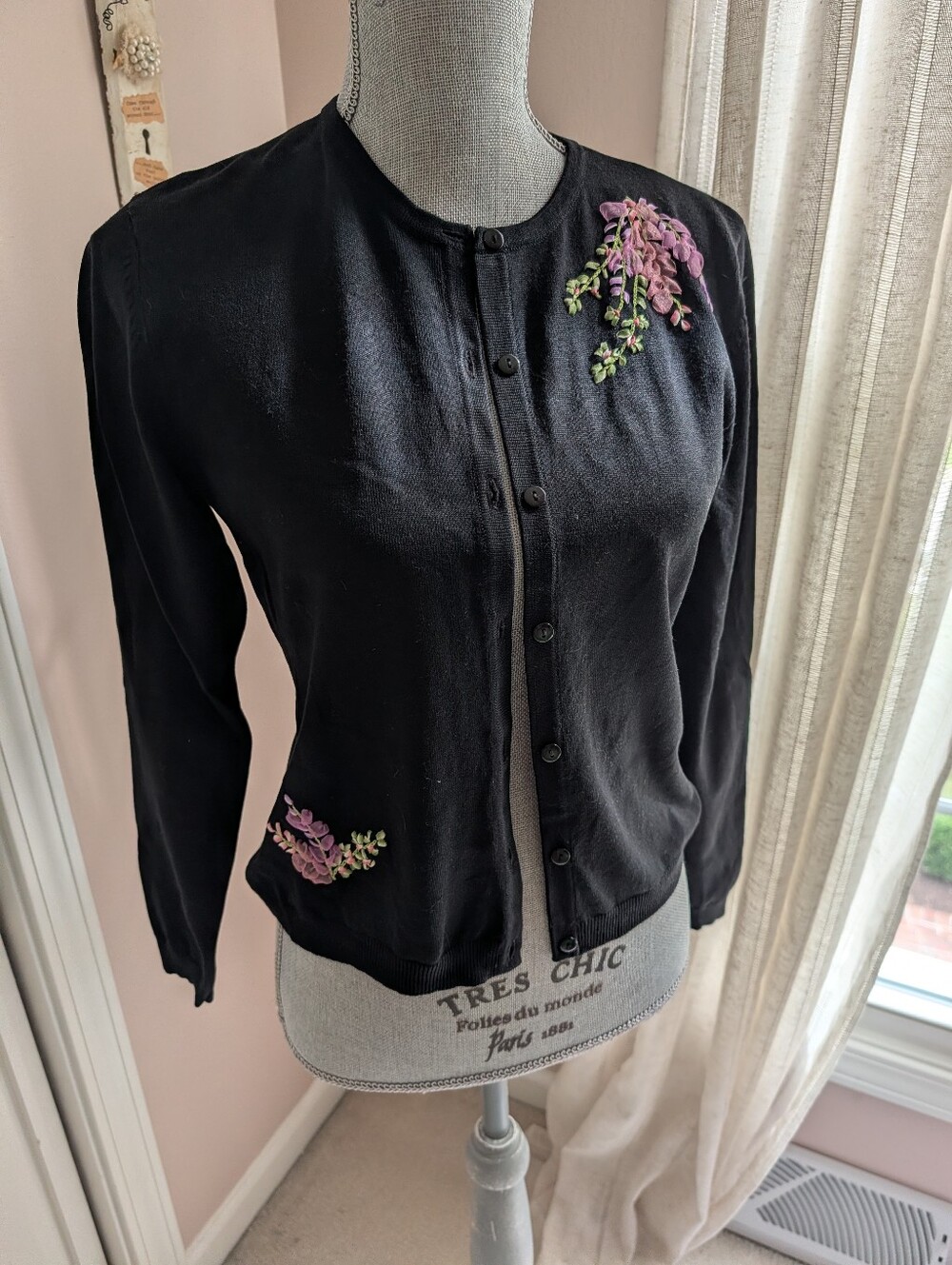 Black Floral Ribbon Embellished Cardigan